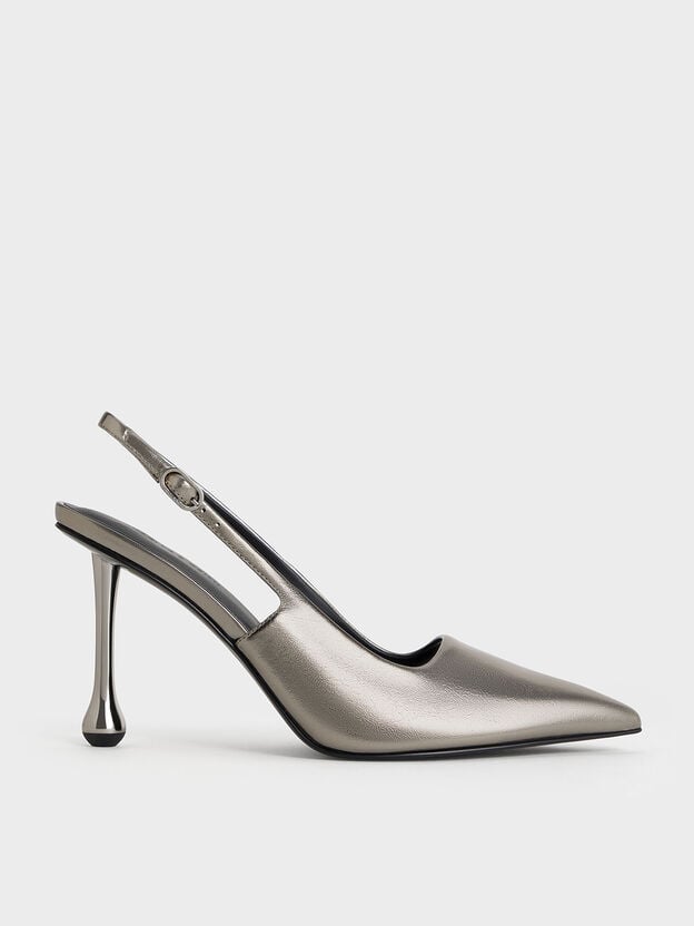 Metallic Sculptural-Heel Pointed Pumps, Pewter, hi-res