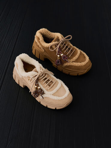 Yunna Suede & Faux Shearling Chunky Sneakers, Brown, hi-res