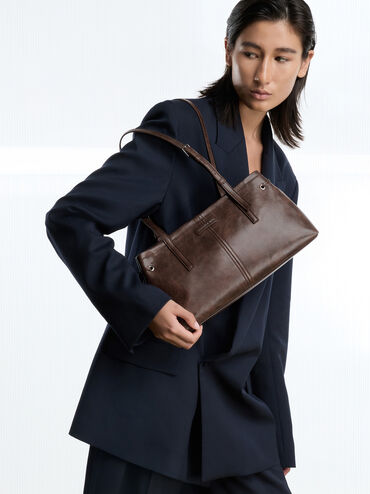 Noane Elongated-Handle Shoulder Bag, Distressed Coffee, hi-res
