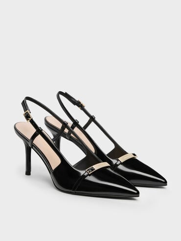 Metallic-Bar Pointed Slingback Pumps, Black Box, hi-res