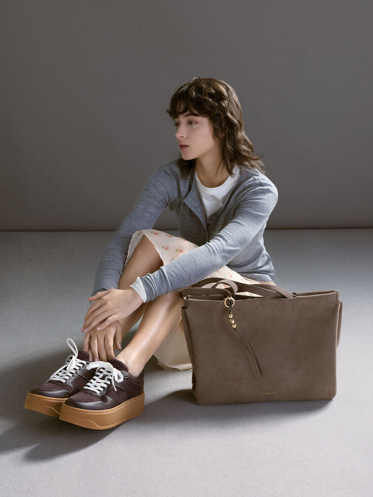 Faux Suede Platform Sneakers, Dark Brown Textured, hi-res