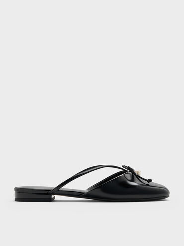 Pearl-Accent Bow Flat Mules, Black Box, hi-res