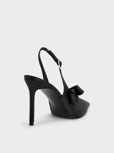 Satin Pleated-Strap Slingback Pumps, Black Textured, hi-res