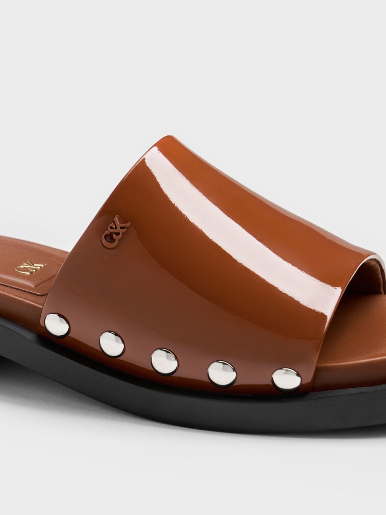Patent Leather Studded Sandals, Brown, hi-res