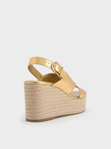 Metallic Crossover Espadrille Wedges, Gold, hi-res