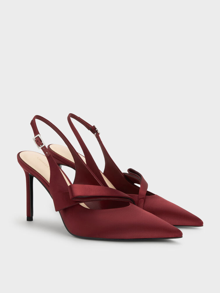 Satin Pleated-Strap Slingback Pumps, Red, hi-res