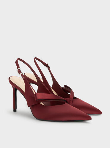 Satin Pleated-Strap Slingback Pumps, Red, hi-res