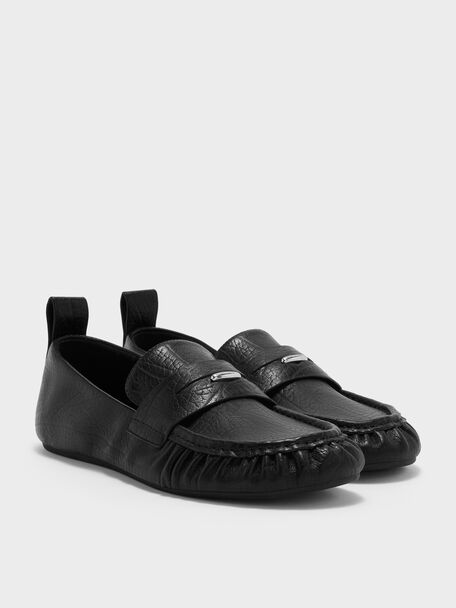 Ruched Penny Loafers, Black, hi-res