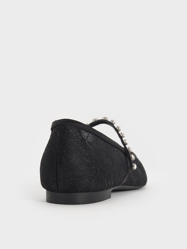 Lace & Satin Crystal Mary Jane Flats, Black Textured, hi-res