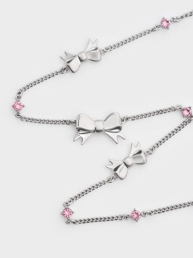 Paige Bow Crystal Necklace, Pink, hi-res