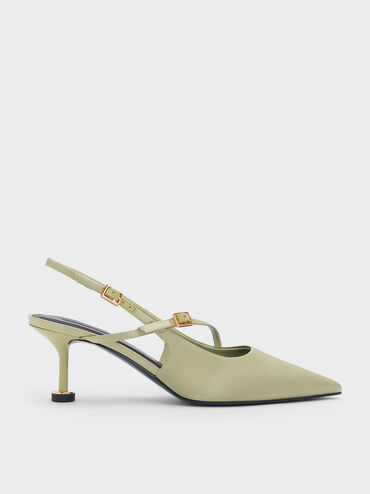 Wynn Recycled Polyester Buckled Sculptural-Heel Slingback Pumps, Green, hi-res