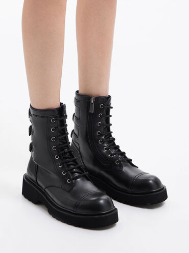 Triple-Buckle Lace-Up Ankle Boots, Black, hi-res
