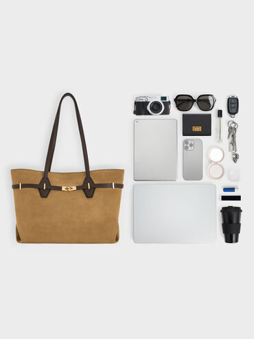 Arlet Recycled Suede Double-Handle Belted Tote Bag, Sahara Sand, hi-res