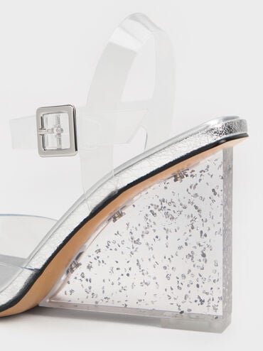 See-Through Speckled-Heel Ankle-Strap Wedges, White, hi-res