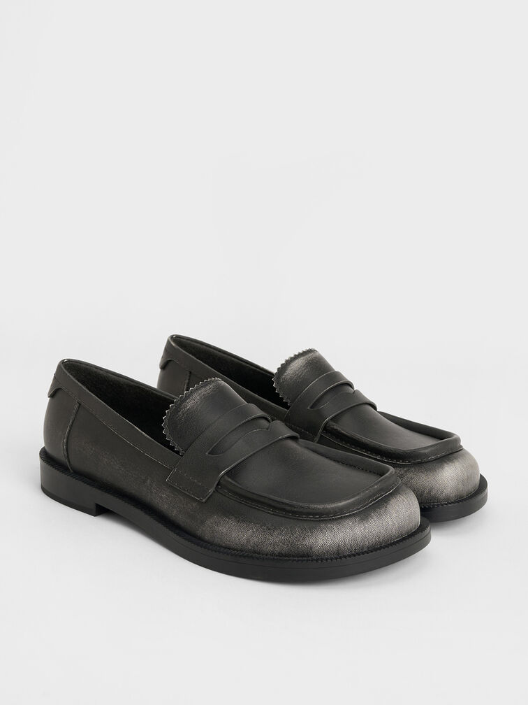 Asymmetric Penny Loafers, Black, hi-res