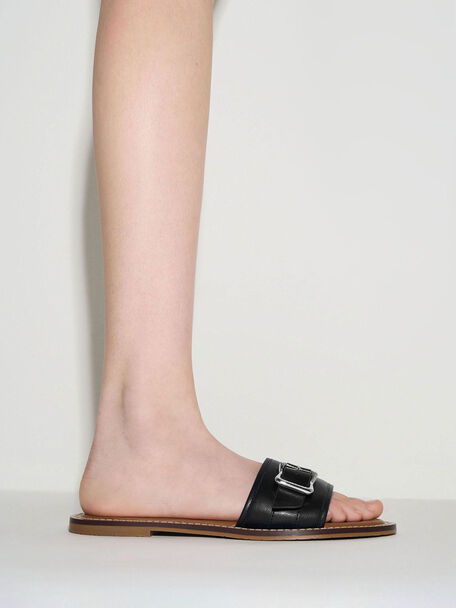 Anita Buckled Slide Sandals, Black, hi-res