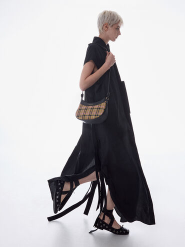 Sabine Tartan Knotted-Strap Curved Shoulder Bag, Tartan Straw, hi-res