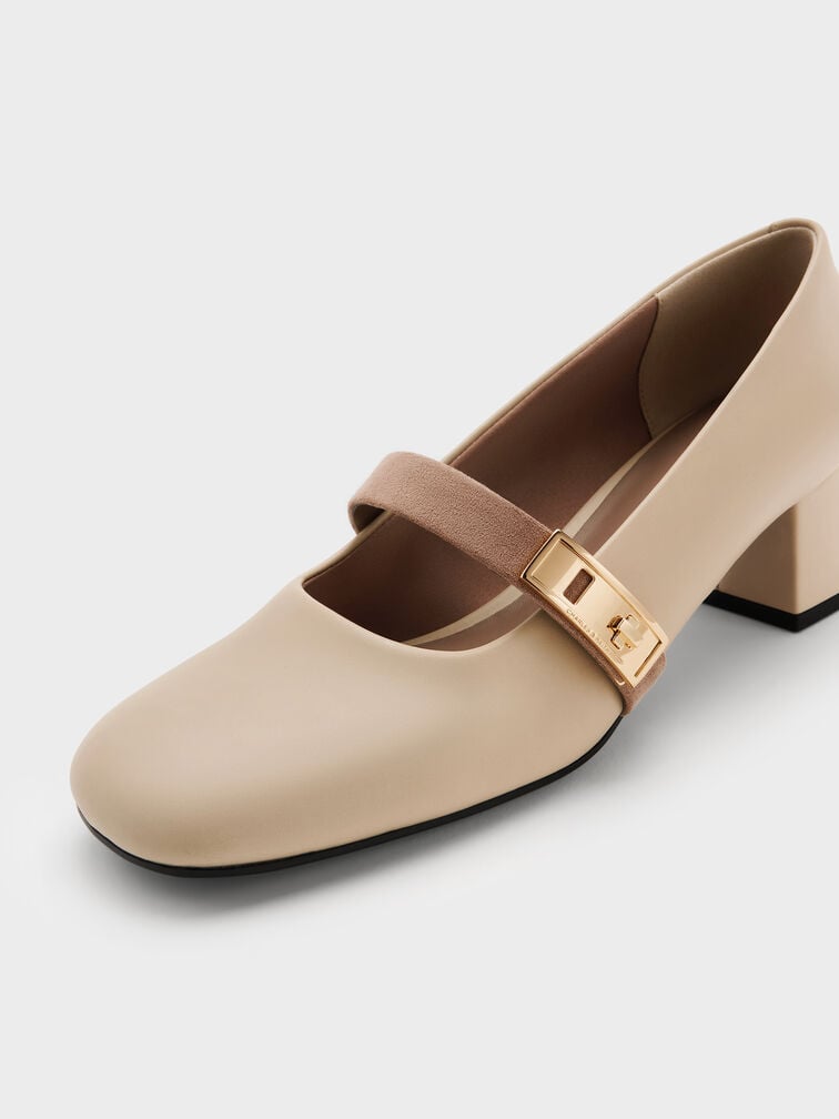 Lando Two-Tone Metallic-Buckle Mary Jane Pumps, Chalk, hi-res
