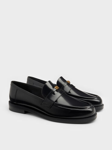 Georgina Leather Metallic-Accent Penny Loafers, Black Box, hi-res