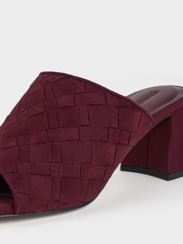Ivette Faux Suede Woven Square-Toe Heeled Mules, Burgundy, hi-res