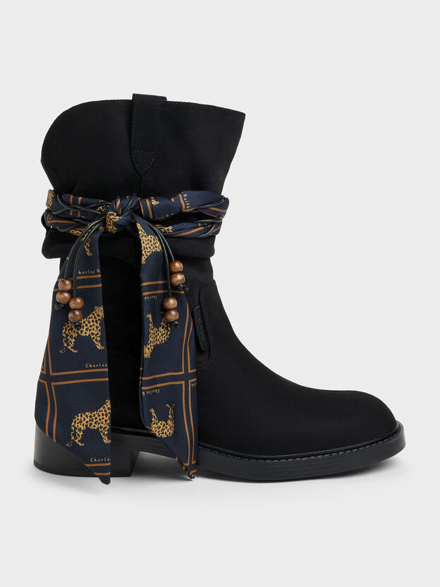 Faux Suede Printed-Scarf Calf Boots, Black Textured, hi-res