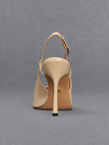 Leather Pointed-Toe Slingback Pumps, Beige, hi-res