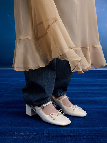 Patent Bow Crystal-Pearl Slingback Mary Jane Pumps, Chalk, hi-res