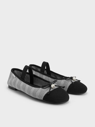 Knitted Pearl-Accent Bow Ballet Flats, Silver, hi-res