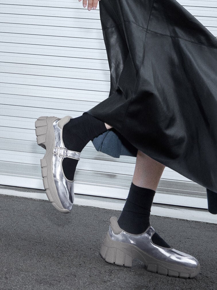 Yunna Metallic Leather & Recycled Fabric Mary Jane Sneakers, Silver, hi-res
