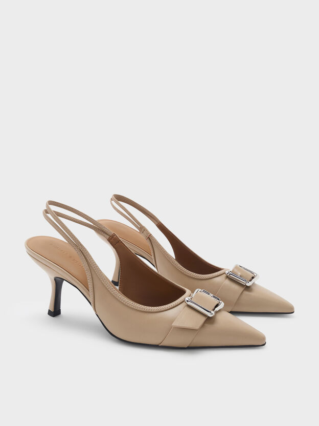 Anita Buckled Pointed Slingback Pumps, Taupe, hi-res