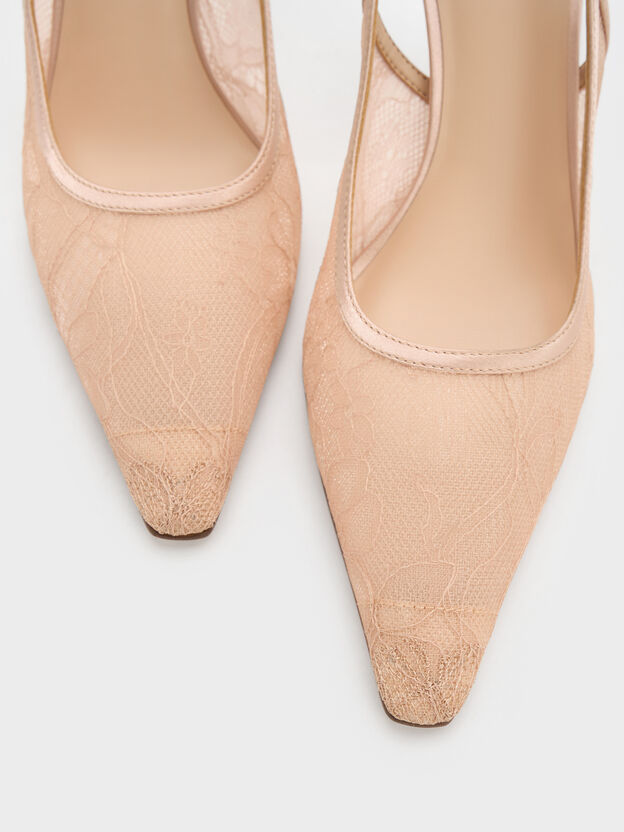 Lace & Satin Slingback Pumps, Nude, hi-res