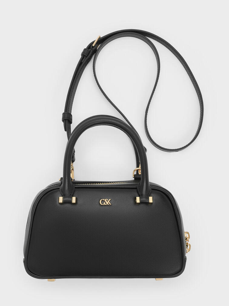 Leather Bowling Bag, Black, hi-res