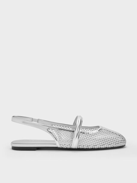 Ellory Mesh Slingback Mary Jane Flats, Silver, hi-res