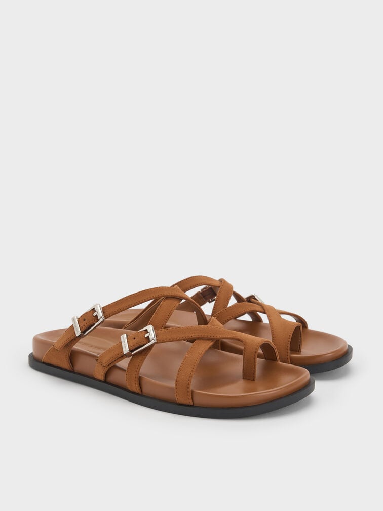 Faux Suede Crossover Toe-Ring Sandals, Cognac, hi-res