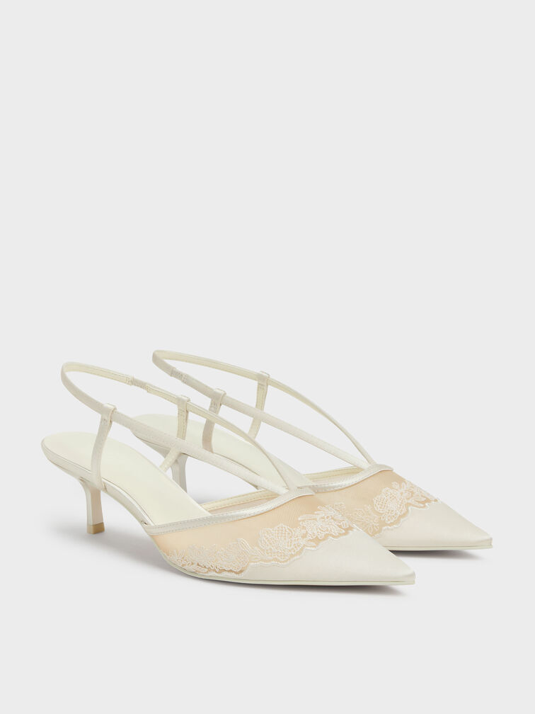 Satin Embroidered-Mesh Slingback Kitten Heels, White, hi-res