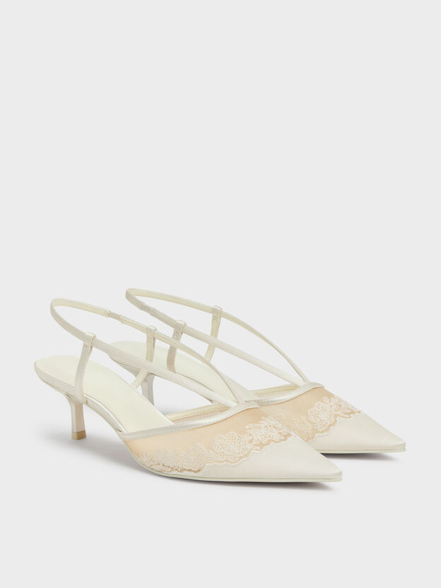 Satin Embroidered-Mesh Slingback Kitten Heels, White, hi-res