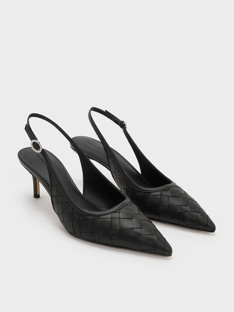 Ivette Woven Pointed-Toe Slingback Pumps, Black, hi-res