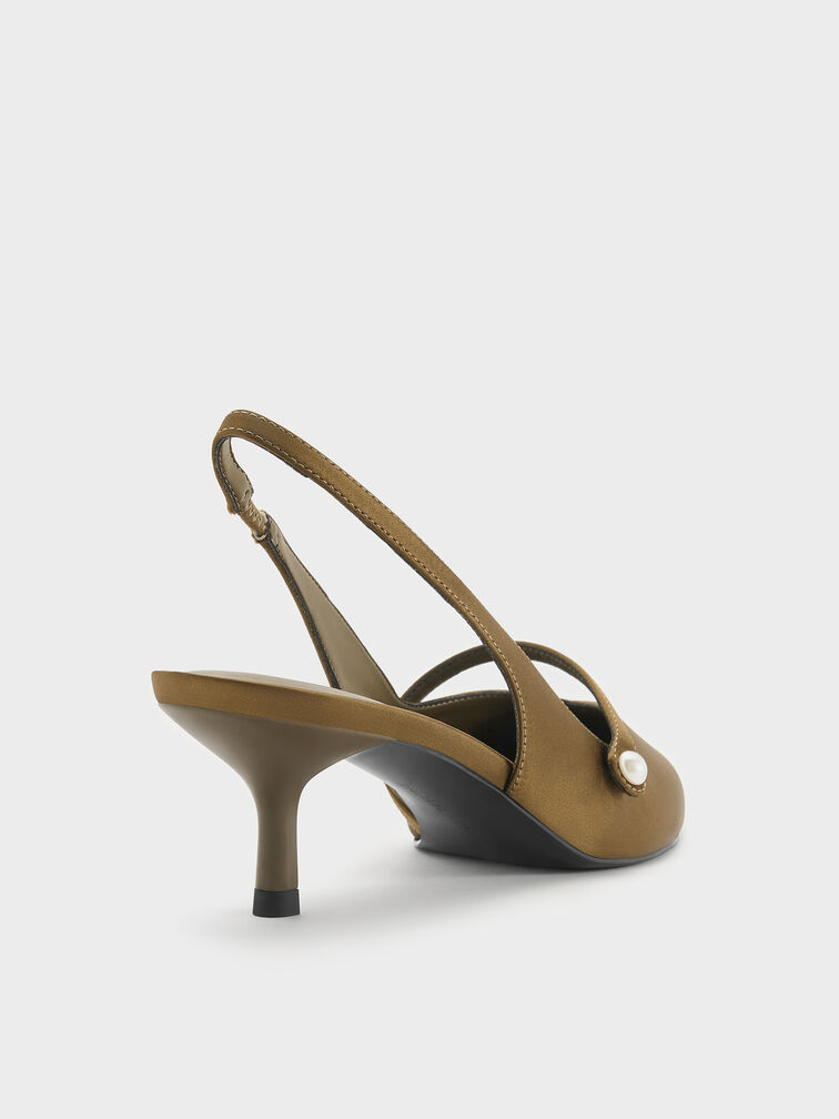 Helena Satin Pearl Slingback Kitten Heels, Olive, hi-res