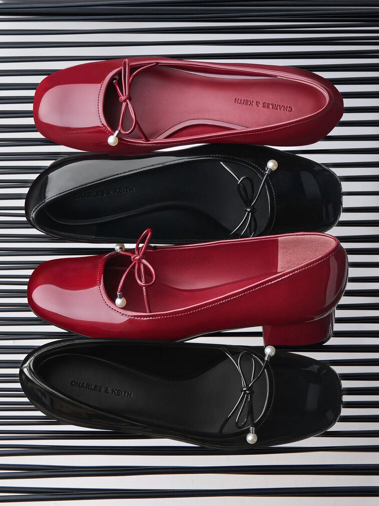 Barbara Patent Pearl-Bow Ballet Pumps, Red, hi-res