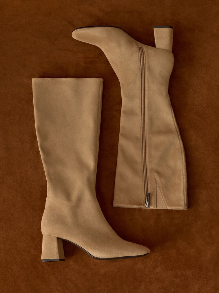 Faux Suede Square-Toe Knee-High Boots, Sand, hi-res