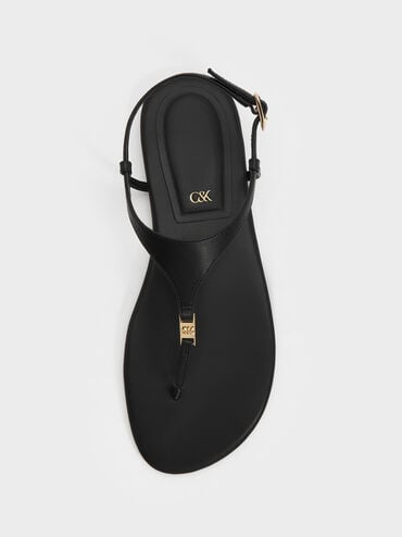 Leather T-Bar Thong Sandals, Black, hi-res