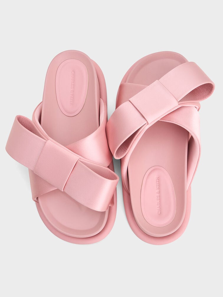 Satin Bow Flatform Sandals, Pink Satin Bow Flatform Sandals, Pink, hi-res