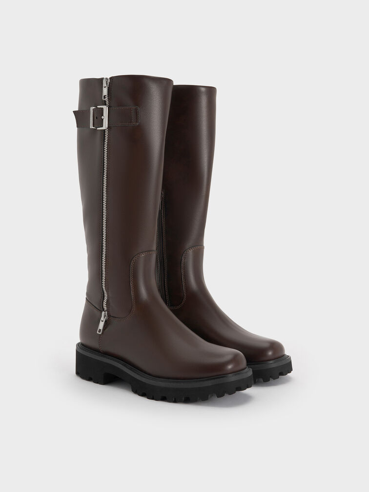 Lyndon Buckled Side-Zip Knee-High Boots, Dark Brown, hi-res