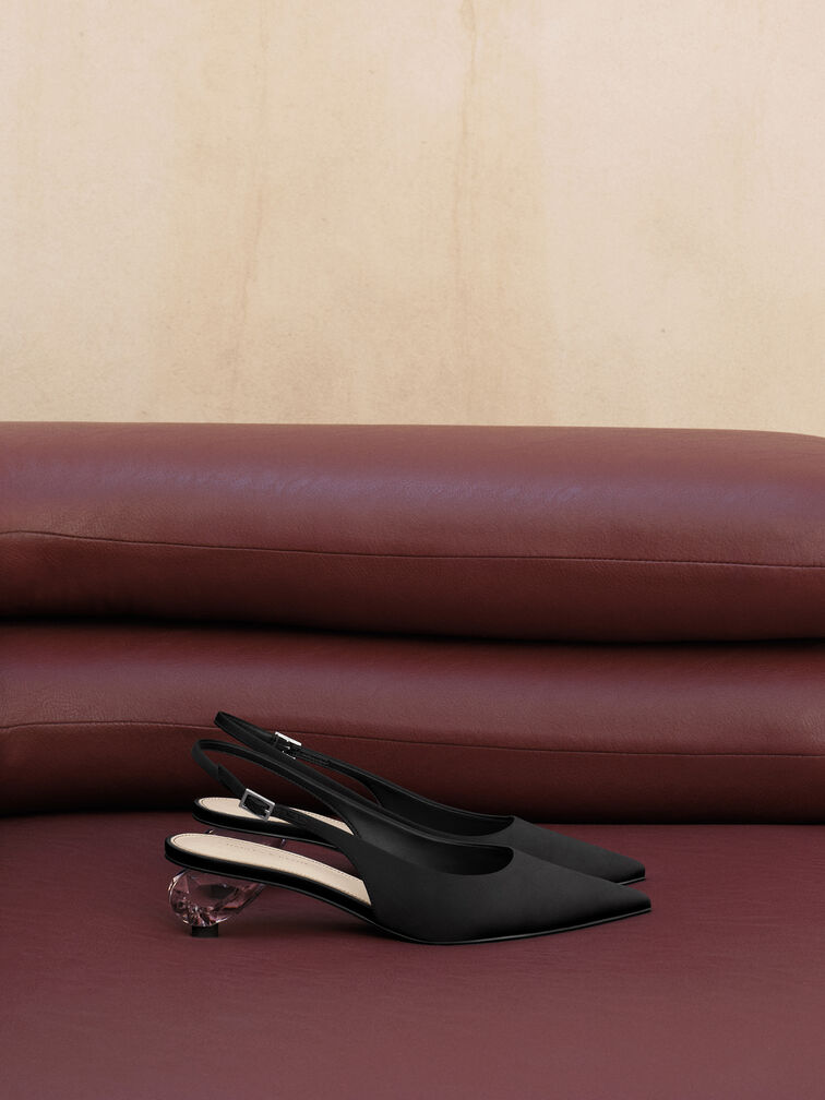 Satin Pointed-Toe Crystal-Heel Slingback Pumps, Black Textured, hi-res