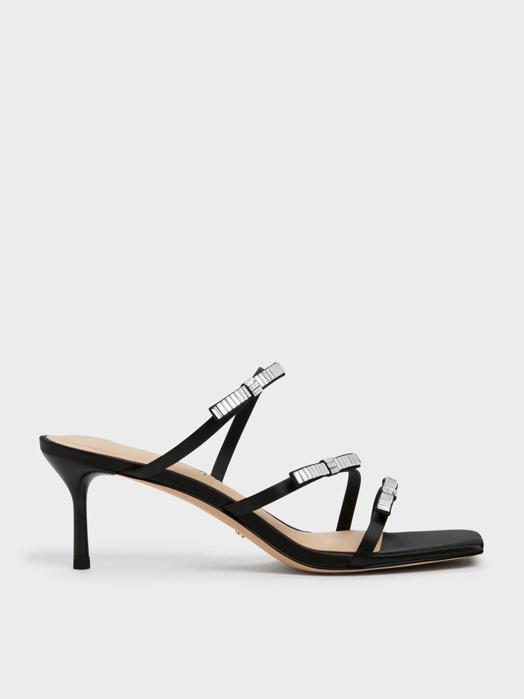 Jessy Gem-Bow Heeled Sandals, Black Textured, hi-res