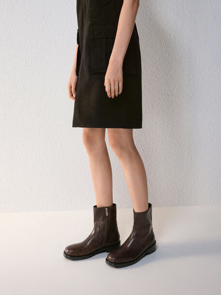 Burnished Side-Zip Ankle Boots, Dark Brown, hi-res