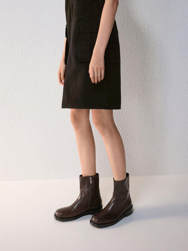 Burnished Side-Zip Ankle Boots, Dark Brown, hi-res