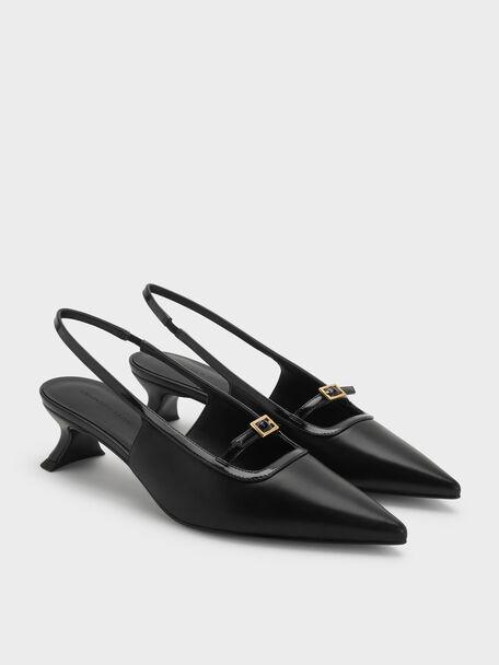 Buckle-Strap Slingback Pumps, Black, hi-res