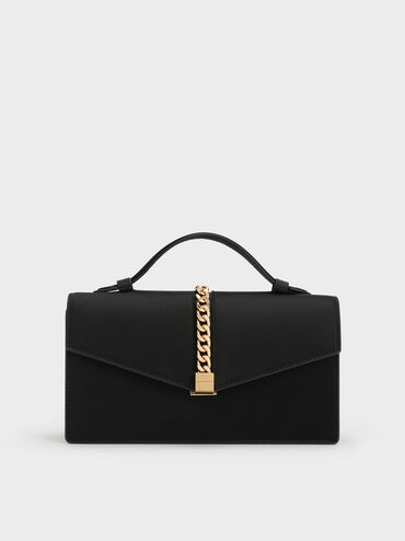 Taisia Satin Chain-Strap Envelope Bag, Black, hi-res