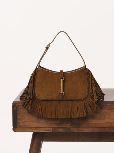 Cesia Recycled Suede Metallic-Accent Fringed Shoulder Bag, Sienna Brown, hi-res
